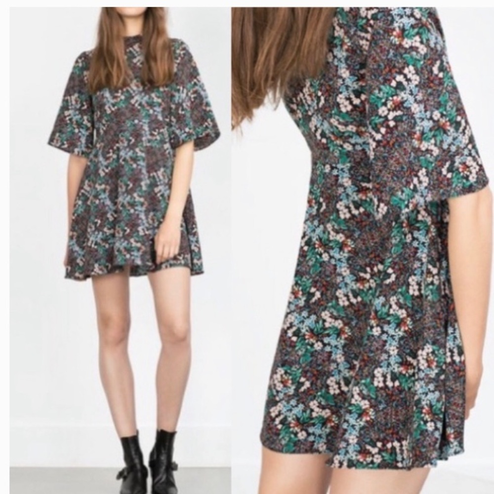 Zara Collection Floral Above Knee Dress High Neck Bell Sleeves